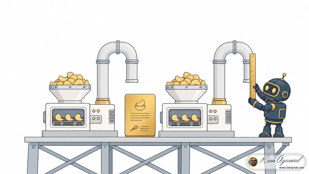 A gold recipe card standing upright on a bench between two identical white chip-factory machines, the pipes behind each machine bent in exactly the same shape, a small friendly robot holding a ruler up to the second machine's pipe to check the bend matches the first