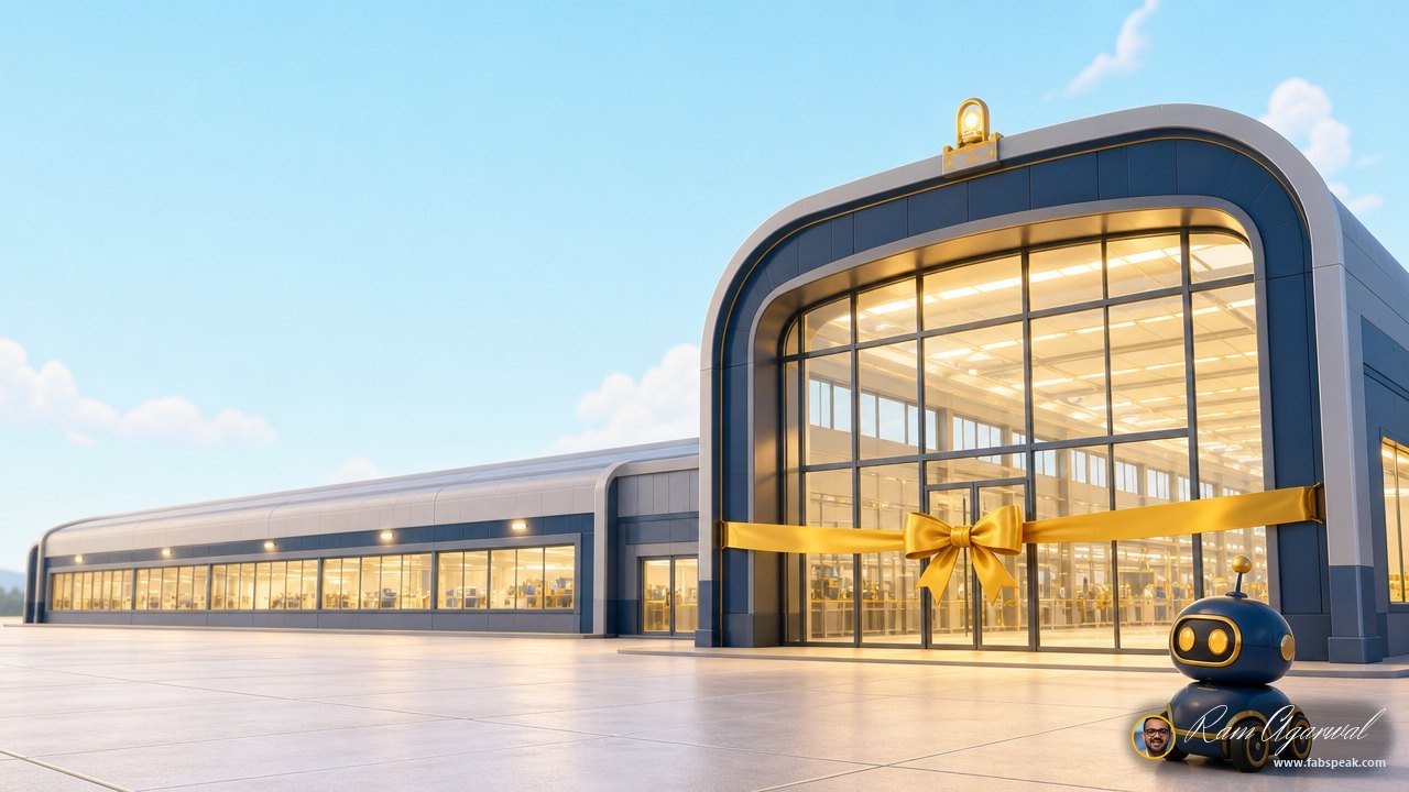 A brand new factory building rendered large and bright, complete and spotless, with a wide glass frontage and a long low hall behind it, standing in clean daylight on a pale empty forecourt. a single wide ceremonial ribbon in warm gold is still stretched across its main entrance, uncut. every window is lit but nothing inside is moving and the forecourt is empty. one small gold lamp glows on the roofline. the building is finished and completely still
