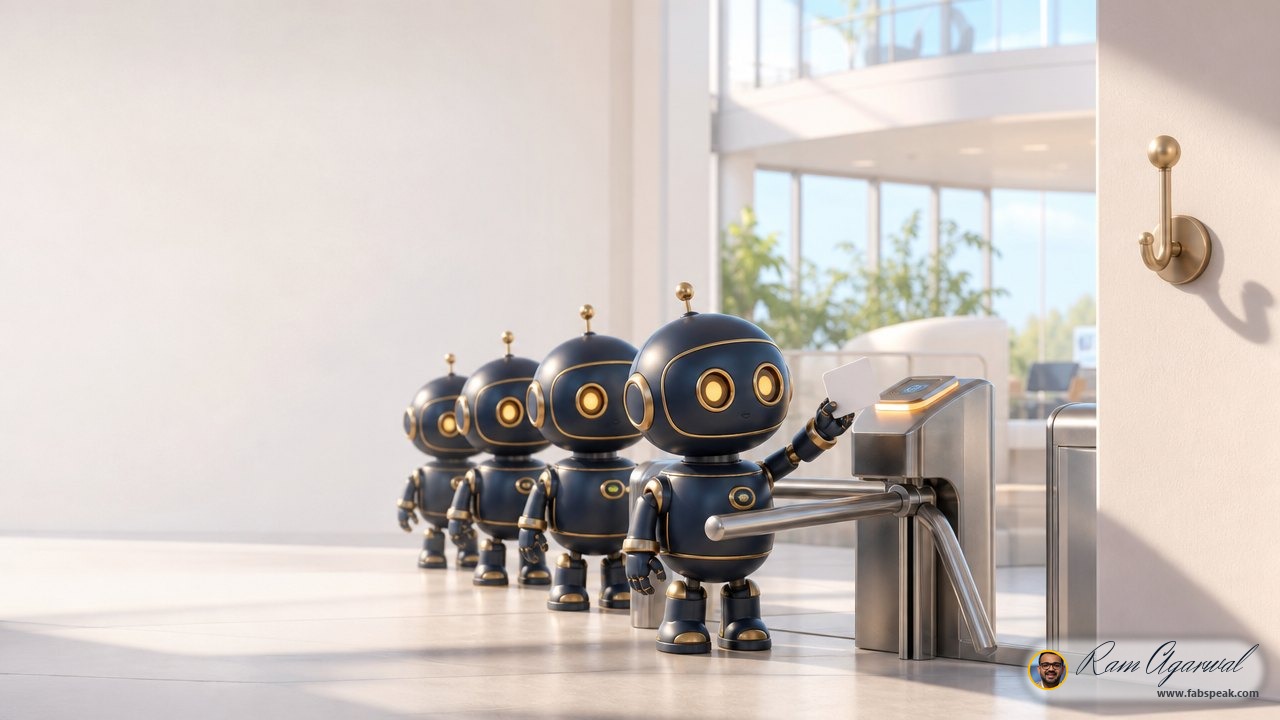 A turnstile gate at the entrance of a bright office, one small friendly robot standing in the lane holding up a plain blank membership card to the reader, three more identical robots queued behind it, a single human-sized coat hook empty on the wall