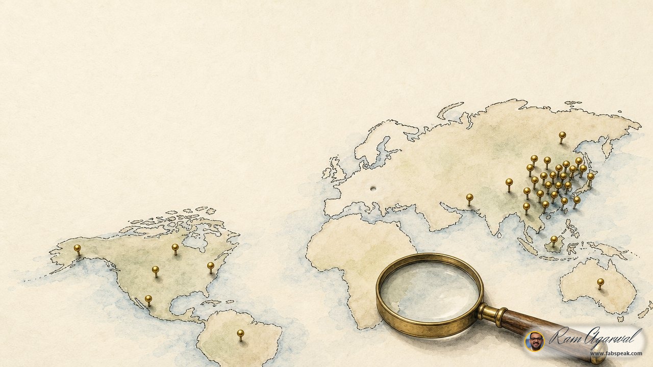 A simple hand-drawn world map on warm off-white paper, with small gold map pins pushed into it: a dense cluster of pins over the far east of the map, a few scattered across the west, and the whole european landmass completely bare, with one single empty pin-hole in it where a pin should have gone. a magnifying glass rests on the paper beside the bare area