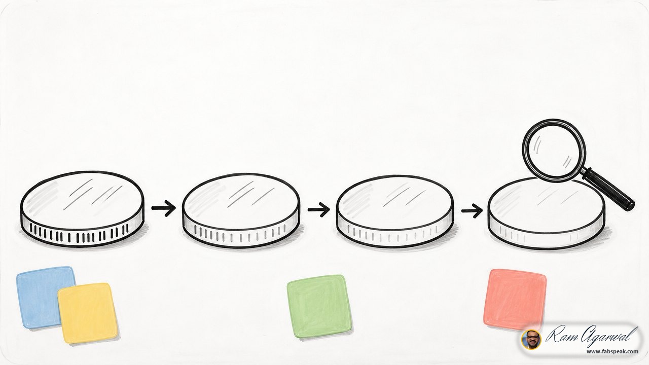 One big mirror-like wafer disc drawn four times in a left-to-right row like a sketched sequence, a short row of tiny characters marked on the edge of each disc, crisp and bold on the first disc and fainter on each one after it until the last is almost blank, a simple arrow between each pair, a small confident doodle of a magnifying glass hovering over the last, faint disc