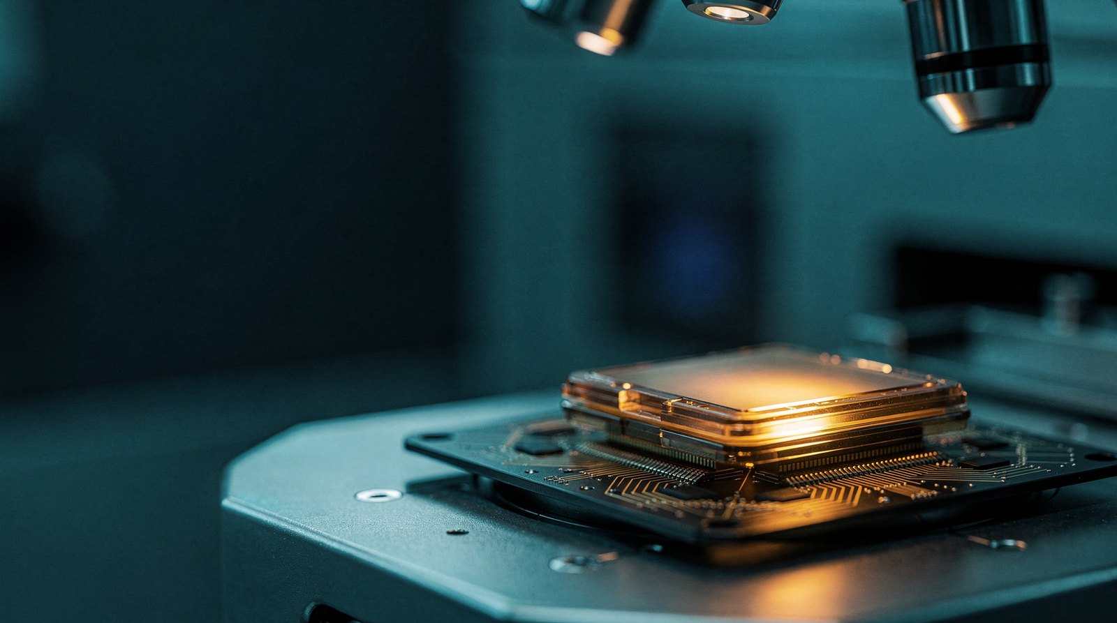 A chip package with stacked dies on an interposer under a microscope, one die edge lit warm gold