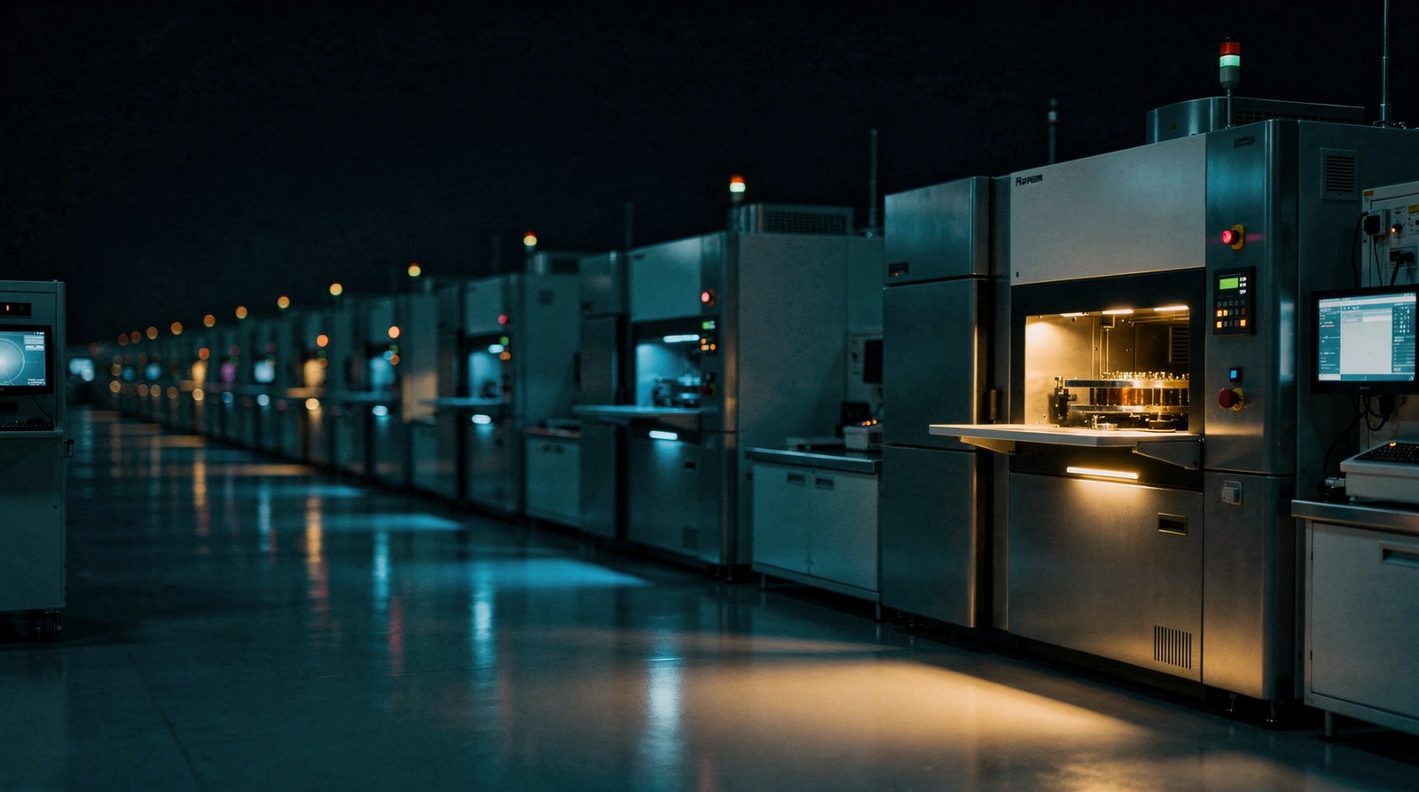 A fab bay at night, every tool running with status lamps on, one warm gold lamp brightest, no screens