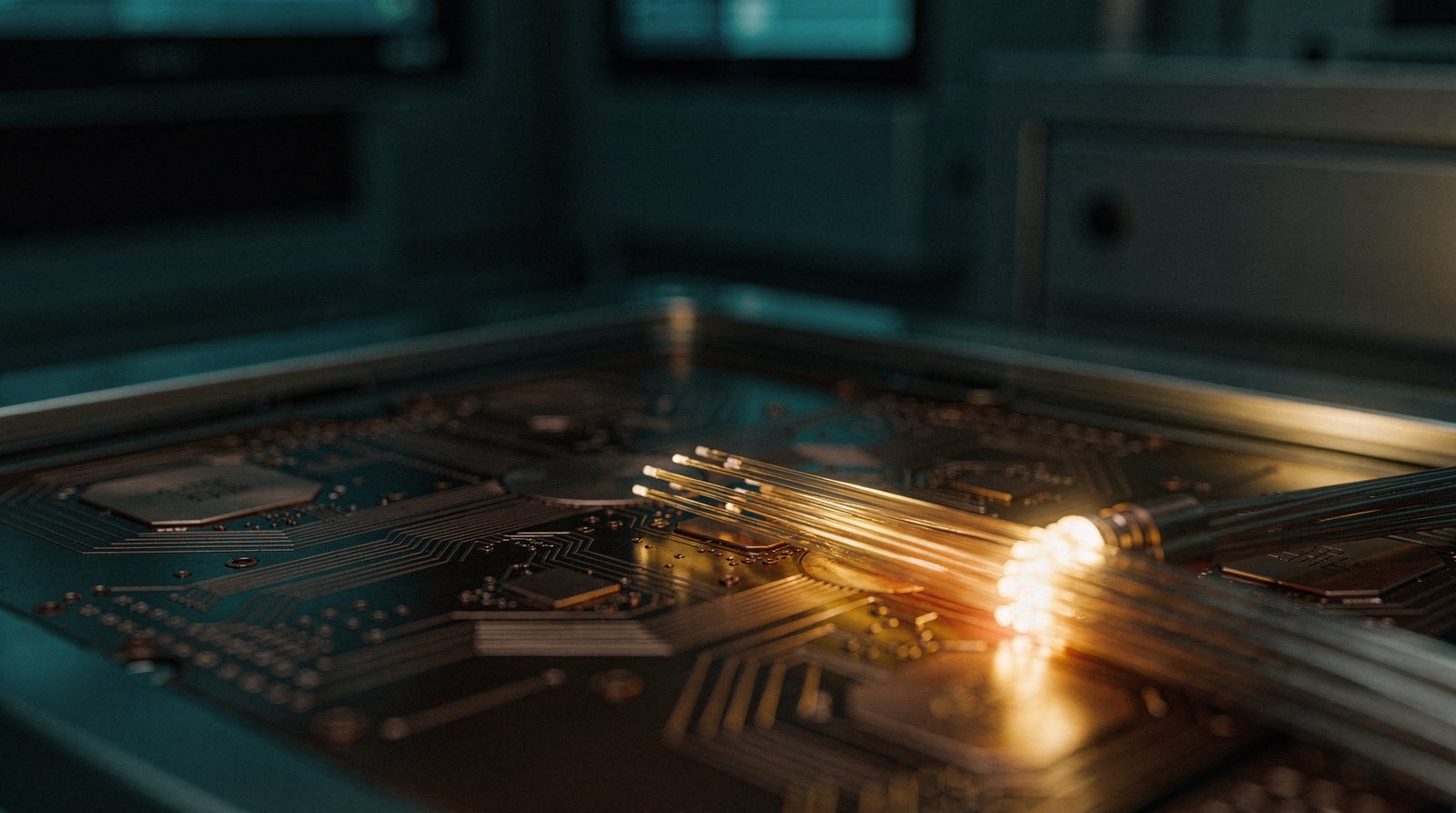 A bundle of optical fibres with their tips glowing warm gold, laid across a dark copper trace board