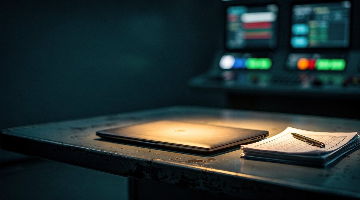 A closed laptop and a printed checklist on a control-room desk