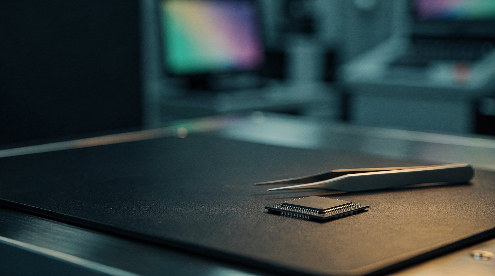 A single small automotive chip package on a dark tray with a tiny handling tweezer, lit warm gold