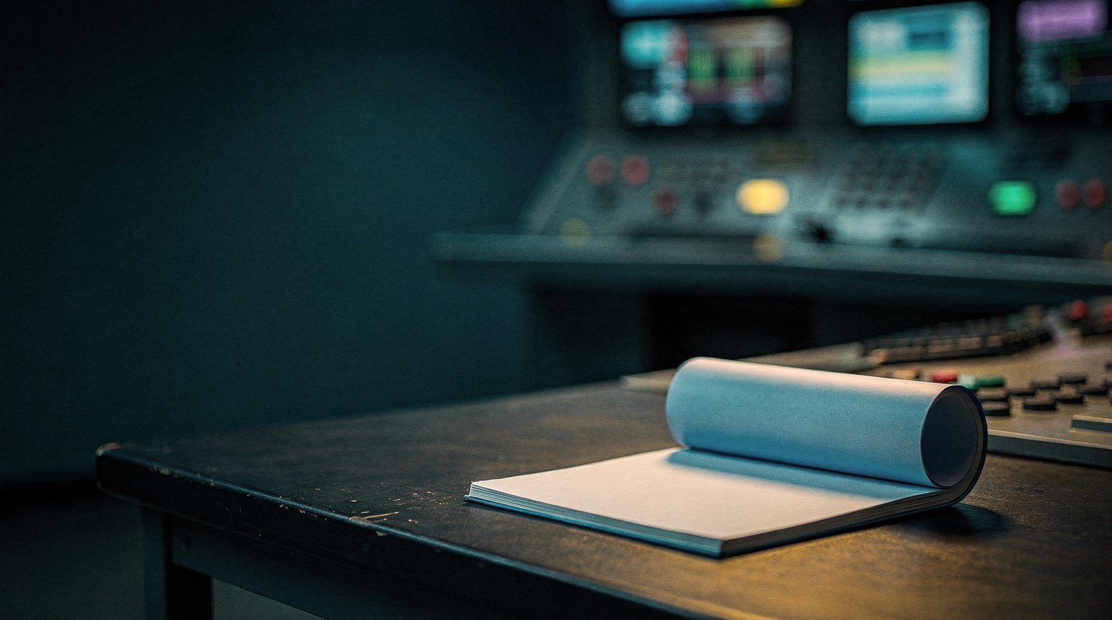 An old carbon-copy pad of blank pages on a dark control-room desk, the faint blue duplicate sheet peeled back to reveal the blank original page beneath, the original page lit warm gold, abstract colour panels of a console out of focus behind