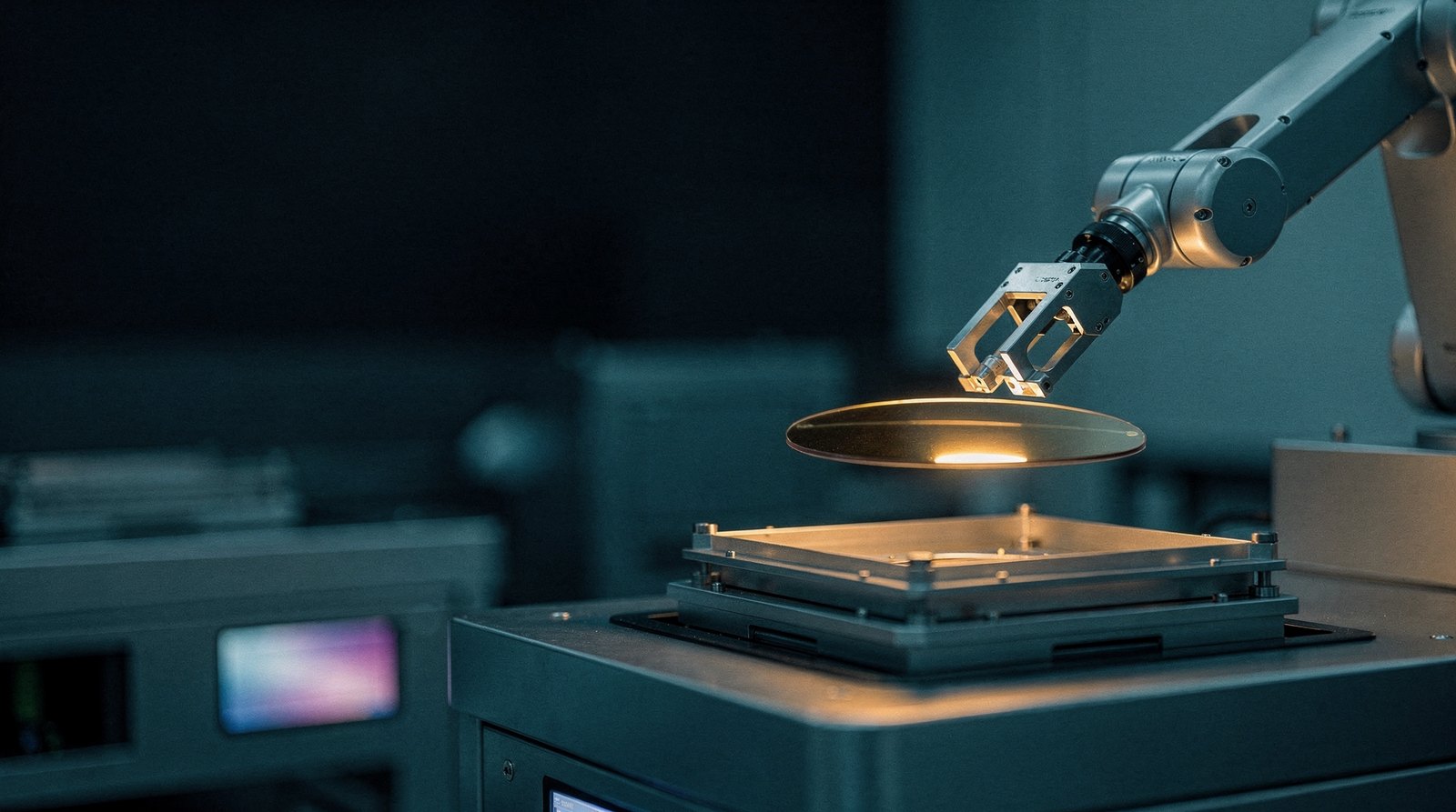 A robot arm's gripper holding a single wafer above a cassette, frozen mid-transfer, the wafer edge warm gold