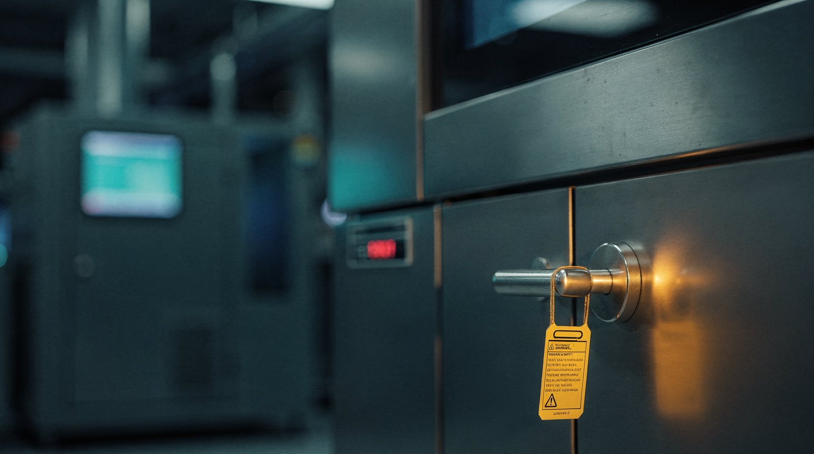 A cleanroom tool's access door closed with a physical lockout tag hanging from its handle, the tag lit warm gold