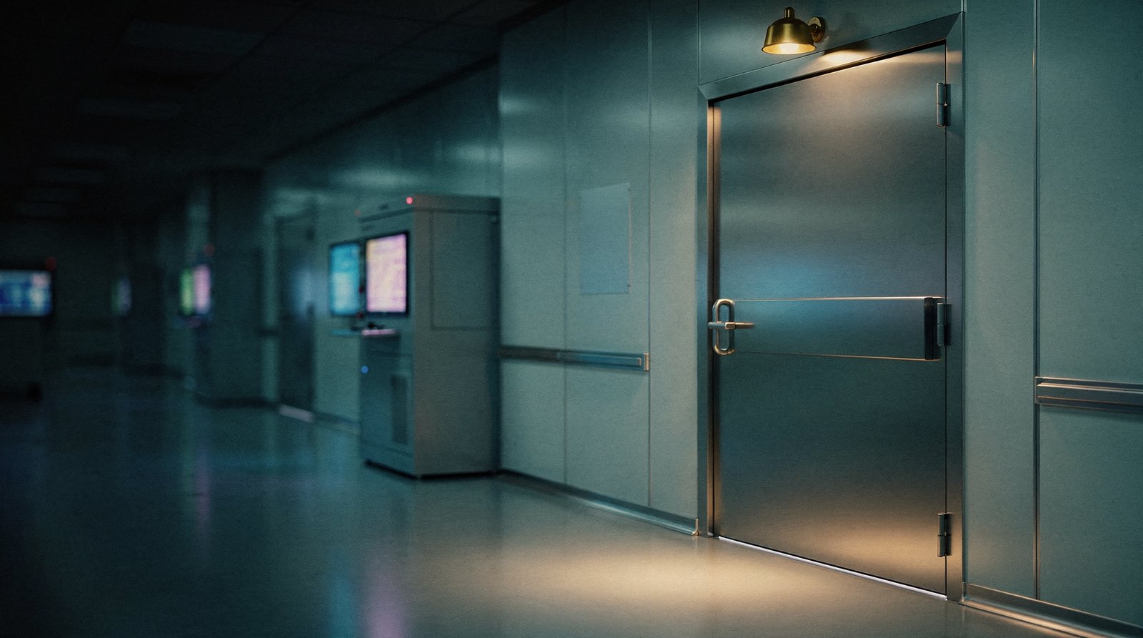A sealed steel cleanroom door at the end of a corridor, one warm gold lamp above it, corridor receding in teal haze