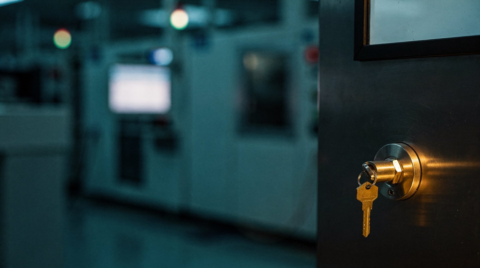 A keyed override switch on a control panel with the key inserted, lit warm gold
