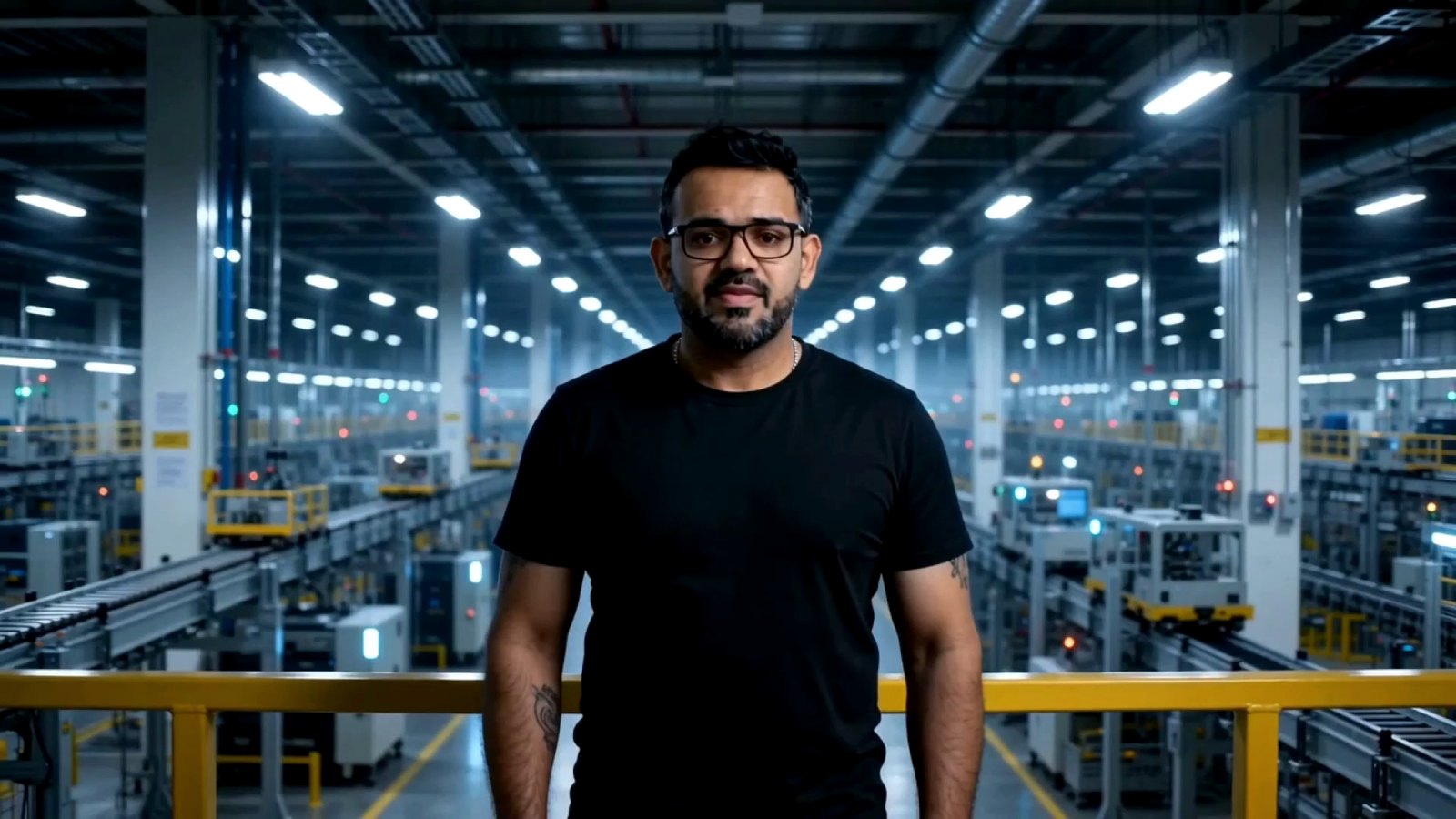 Ram Agarwal on a factory floor, looking at the camera